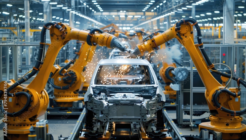 A car is being built in a factory with robotic arms