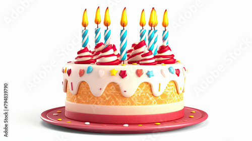 Colorful Birthday Cake with Candles, Isolated on White Background