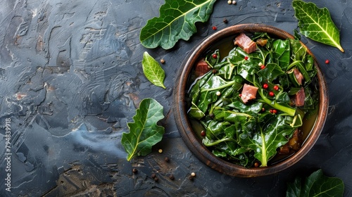 Homestyle cooking captured in a top view of collard greens with smoked meat, set against an isolated backdrop, studio lighting, ideal for ads