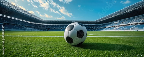 Soccer ball on a pitch in an empty stadium