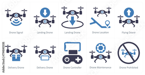 A set of 10 Drone icons as drone signal, landing drone, drone location