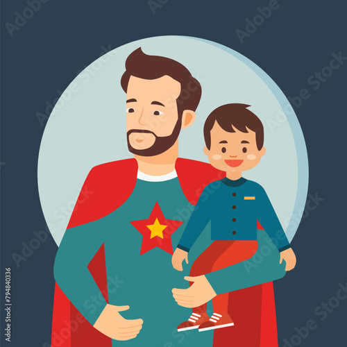 Happy Father Day Celebration with Character of Dad as Superhero Hero Holding His Son