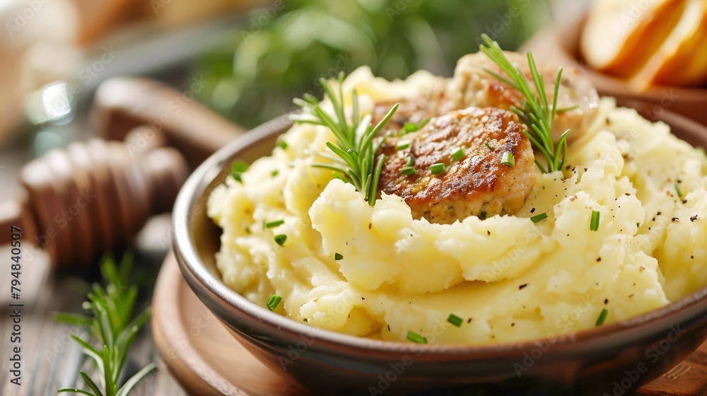 A plate of meatballs and mashed potatoes on a wooden table A plate of meatballs and mashed potatoes on a wooden table