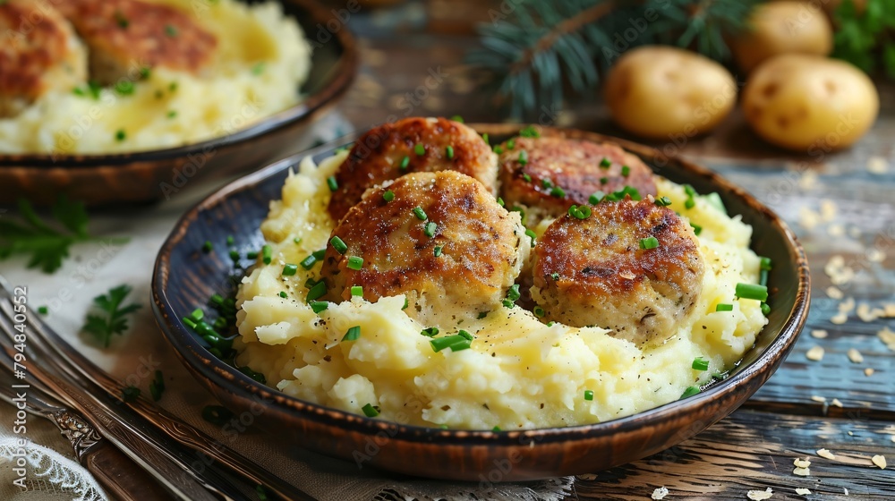 A plate of meatballs and mashed potatoes on a wooden table A plate of meatballs and mashed potatoes on a wooden table