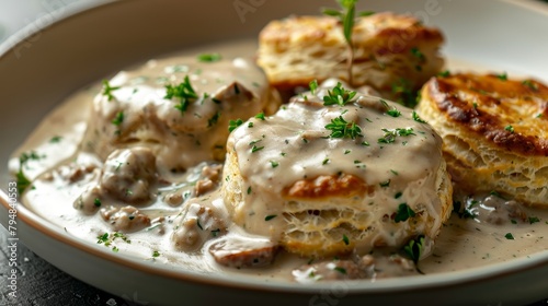 Gourmet top shot of biscuits and gravy, biscuits bathed in creamy sausage sauce, elegantly styled on a stark background, studio lighting