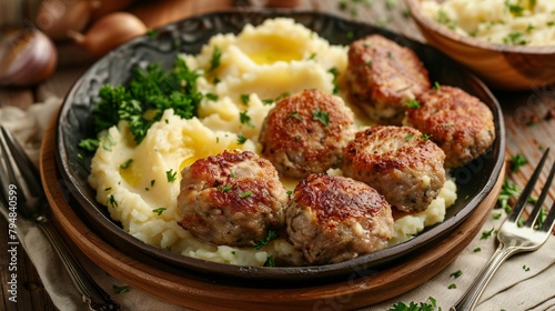 A plate of meatballs and mashed potatoes on a wooden table