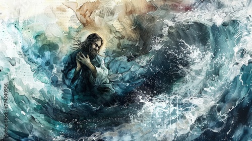 Jesus calming the storm on the sea, depicted with swirling watercolors that capture the chaos and miracle