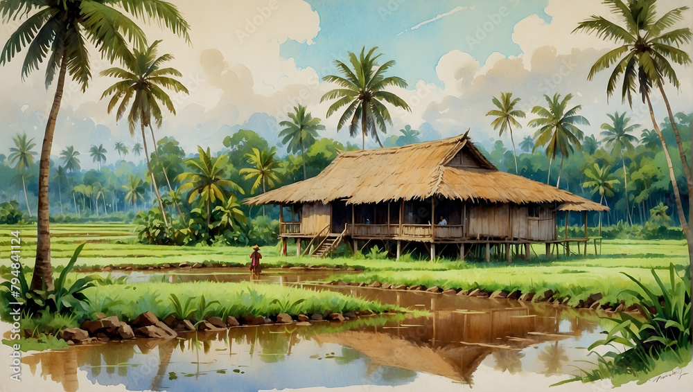Obraz premium A classic Malay wooden house set amidst a vast paddy field