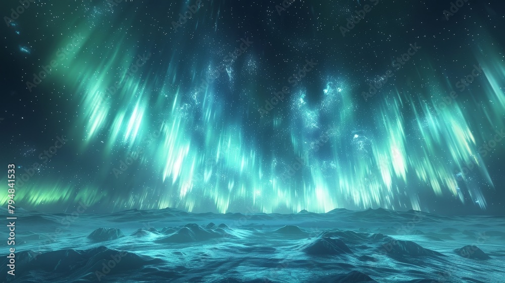 Aurora: A mesmerizing 3D depiction of the aurora borealis, with cascading ribbons of green and blue