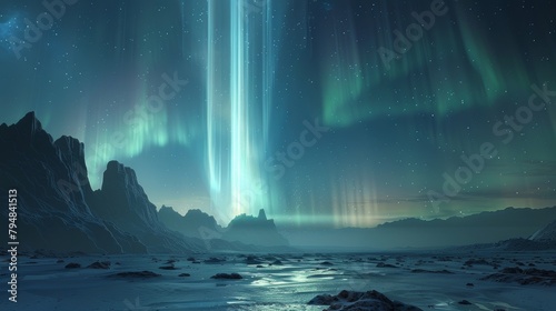 Aurora  A futuristic illustration imagining the aurora australis as a beacon of light in the sky