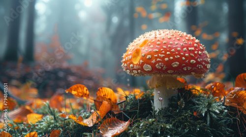 Vibrant red amanita mushroom amidst fallen leaves in a misty forest. 