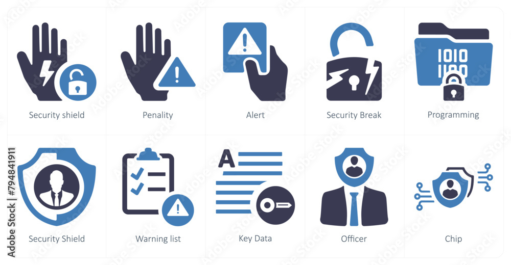 A set of 10 gdpr icons as security shield, penality, alert A set of 10 gdpr icons as security shield, penality, alert