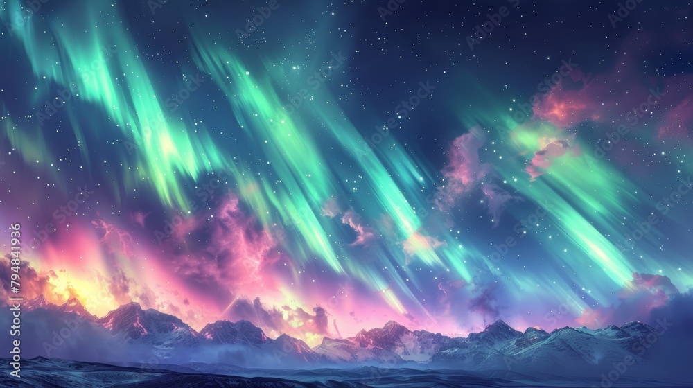 Aurora: An illustration of the aurora borealis shimmering in vibrant shades of green and purple