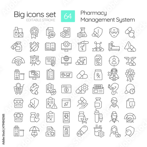 Pharmacy management system linear icons set. Medications customizing, dosage medicine. Patient needs. Customizable thin line symbols. Isolated vector outline illustrations. Editable stroke