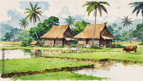 View of a classic Malay wooden house set amidst a vast paddy field in watercolour style.