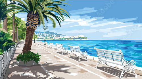 White benches on the Promenade des Anglais in Nice photo