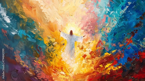 The Ascension of Jesus  illustrated with ascending brushstrokes and a palette of heavenly colors