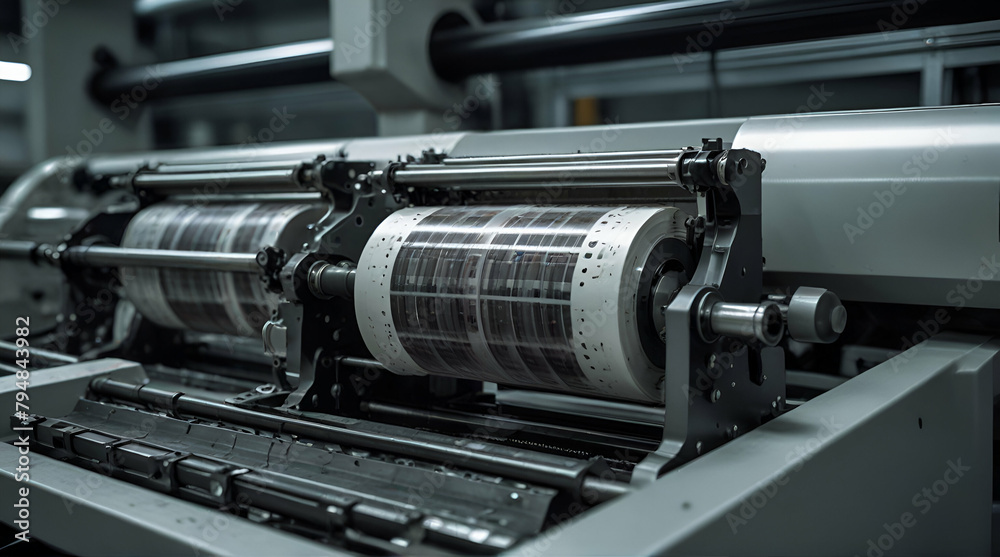 Fototapeta premium Close up of an offset printing machine during production, Generative.AI