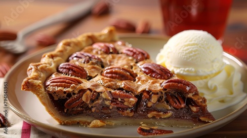 Gourmet Southern pecan pie, captured in a rustic style, with pecans perfectly arranged, cream and ice cream on the side, on a seamless background