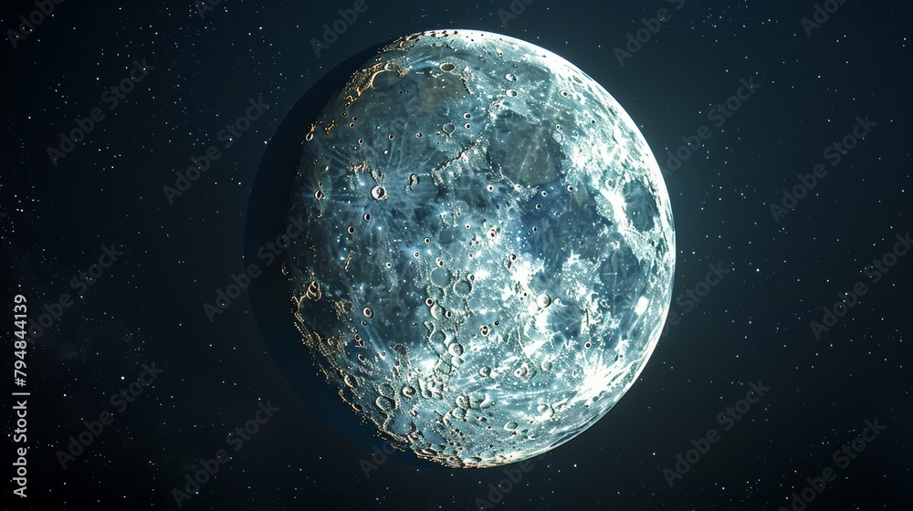 Moon: A 3D representation of the moon in its gibbous phase, showing a large portion