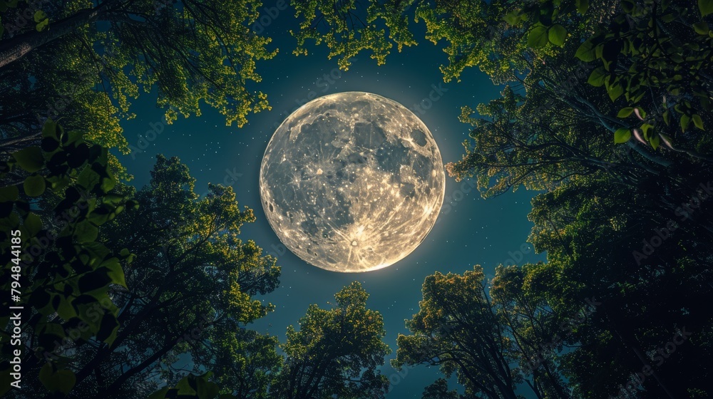 Naklejka premium Moon: A captivating photo of the moon shining brightly through a canopy of trees