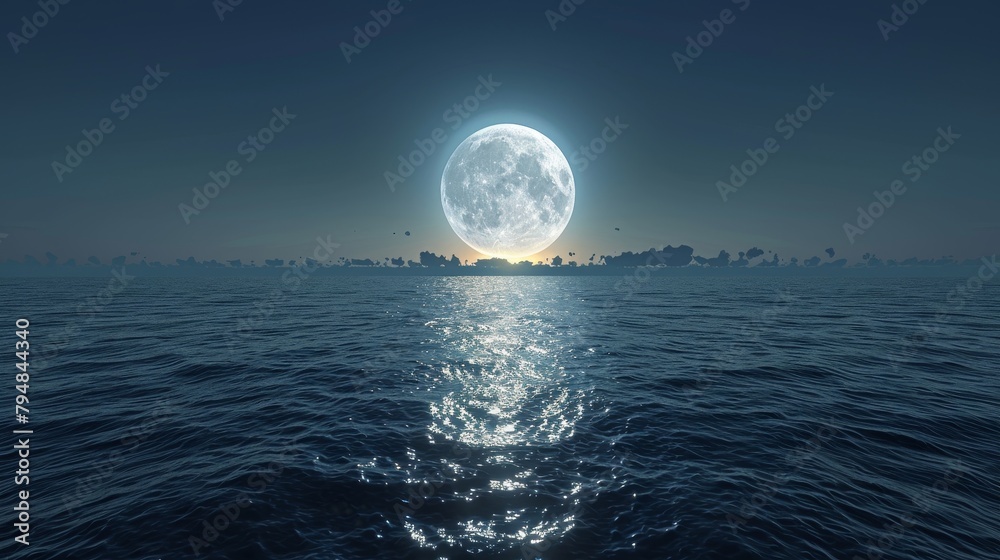 Moon: A peaceful illustration of the moon rising over a calm ocean Moon: A peaceful illustration of the moon rising over a calm ocean