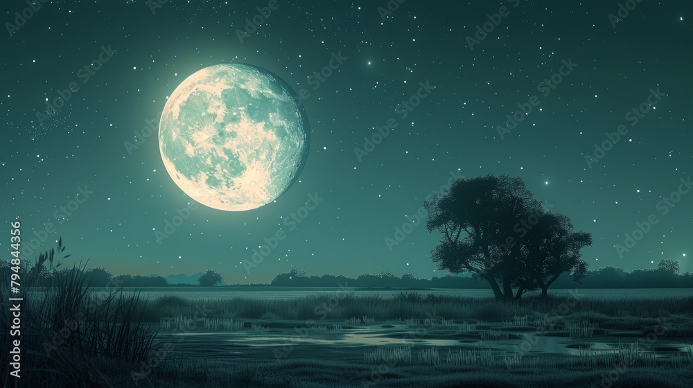 Moon: A serene illustration of the full moon shining brightly in a starry sky Moon: A serene illustration of the full moon shining brightly in a starry sky
