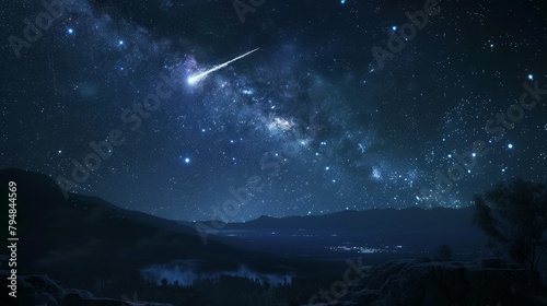 Night Sky: A 3D depiction of the night sky, featuring a shooting star streaking across the darkness