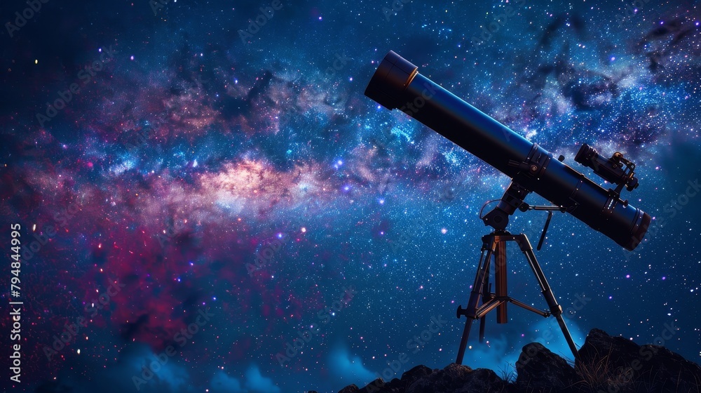 Night Sky: A photo of a telescope pointing towards the night sky Night Sky: A photo of a telescope pointing towards the night sky