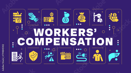 Workers compensation yellow word concept. Business insurance, compensation. Employees safeguard. Visual communication. Vector art with lettering text, editable glyph icons. Hubot Sans font used