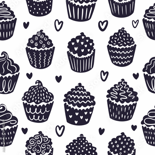 Vector  seamless pattern from a collection of cupcakes  muffins  hand-drawn in the style of doodles