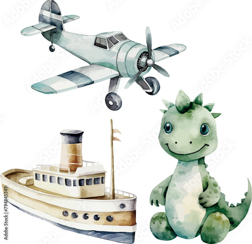 Vector set. Baby game wooden boat, plane, dinosaur. Clipart for greeting card, baby shower, invitation, birthday, party, gender party, post card and celebration, anniversary, event, holiday, print