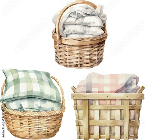Vector watercolor set of wicker basket, rattan. Baby essentials, laundry room design. Clipart for design and greeting card, baby shower, invitation, birthday, party, post card, celebration, event