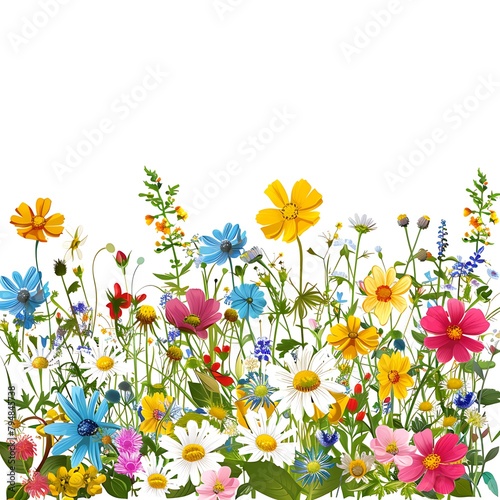 blooming flowers border in various colors  spring clipart  white background