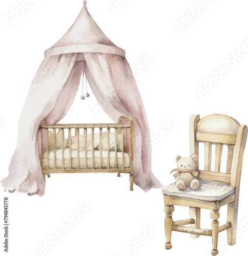 Vector watercolor furniture, chair, crib. Comfort, design. Clipart for greeting card, baby shower, invitation, birthday, party, post card, celebration, event, holiday, print