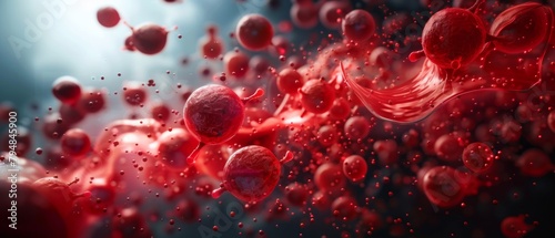 Flowing red cancer cells. Cancer cells flowing in body. Cancer cells flowing freely.