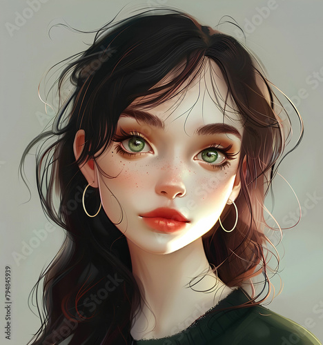 PORTRAIT OF A YOUNG WOMAN WITH FRECKLES BRUNETTE GREEN EYES RED LIPS CARTOON (ID: 794845939)
