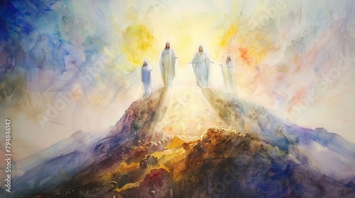 The Transfiguration of Jesus on the mountain, captured in radiant watercolor glows and ethereal light