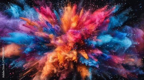 Hyper focused Explosion of colorful dust. Colourful dust explosion on isolated black background.