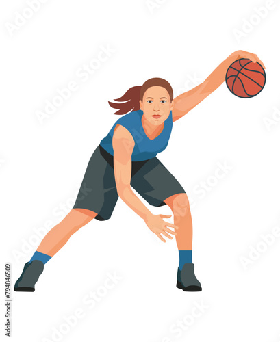 Women's basketball girl player in blue shirt stand with the ball in her hand and performs a crossover jab © ivnas