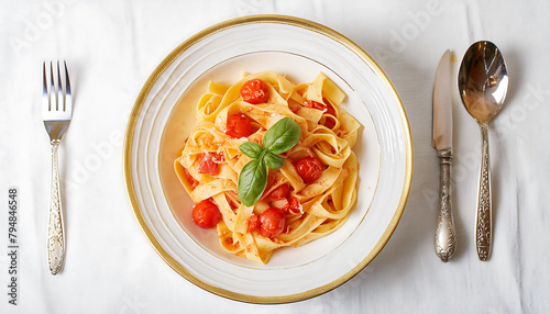 Pappardelle Pasta with Bolognese Sauce on Porcelain Plate: Pappardelle, Fusilli, penne, Ditalini, Macaroni, Farfalle, Spaghetti Various Types of Pasta for Italian Cuisine. top view photo
