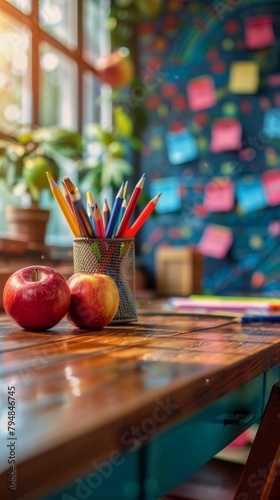 Closeup of teacher's desk with school supplies and apple. Teachers day concept with copy space.