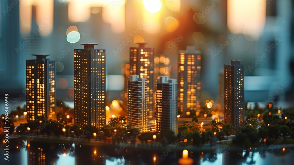 A miniature model of a city with skyscrapers and lights at sunset.