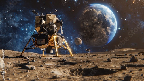 Space Exploration: An illustration of a lunar lander touching down on the surface of the moon photo