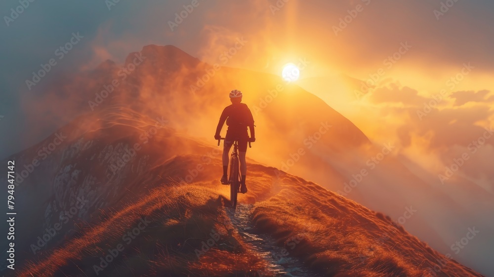 A mountain biker rides along a ridge at sunset.