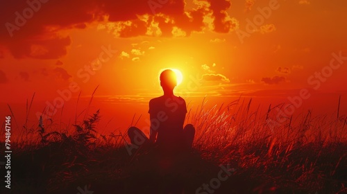 A monk sits on a mountaintop as the sun sets.
