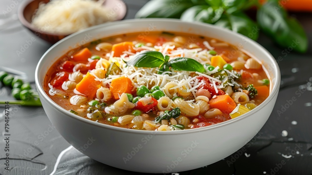 Elegant serving of hearty Minestrone soup, filled with vibrant seasonal vegetables and pasta, enriched with Parmesan, studio shot on isolated background Elegant serving of hearty Minestrone soup, filled with vibrant seasonal vegetables and pasta, enriched with Parmesan, studio shot on isolated background