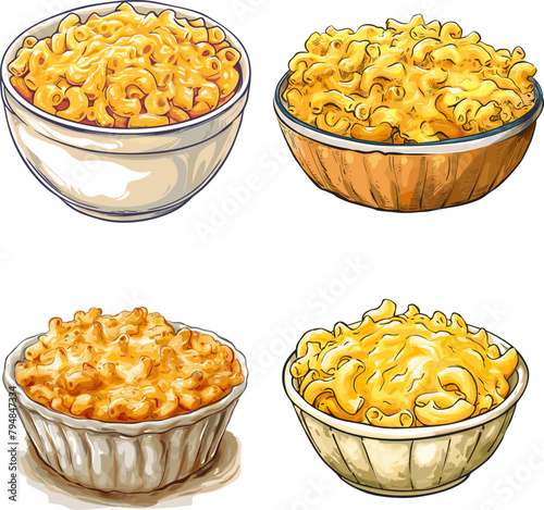 Engraving illustration Set of juicy Mac and cheese isolated on white background