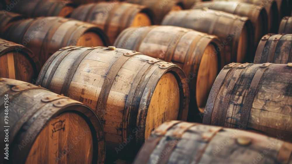 Background of wooden wine casks neatly arranged in a cellar