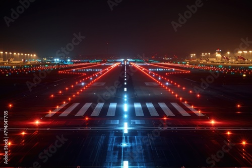 An airport runway illuminated by runway lights at night.